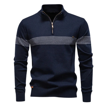 Women's striped knit stand collar winter half zip sweater - Blue
