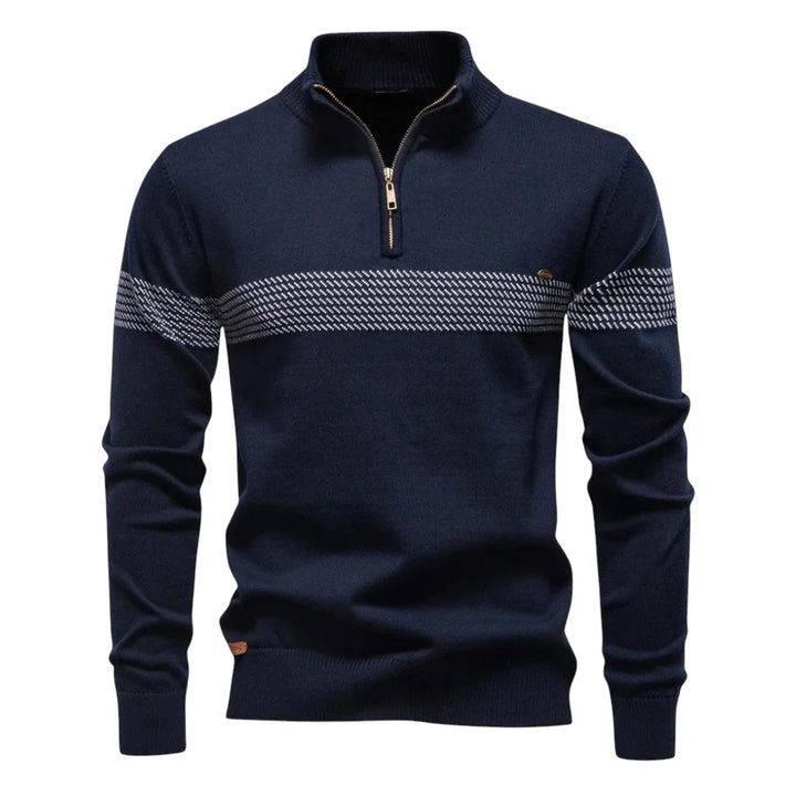 Women's striped knit stand collar winter half zip sweater - Blue