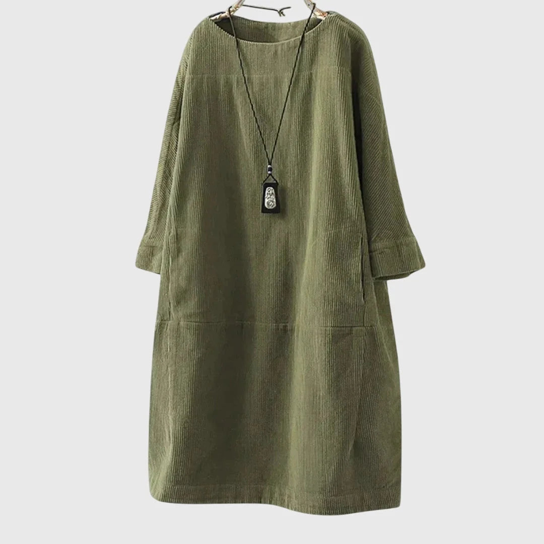 Women's corduroy crew neck winter midi dress with two patch pockets - Dark Blue