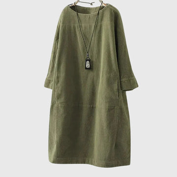 Women's corduroy crew neck winter midi dress with two patch pockets - Dark Blue