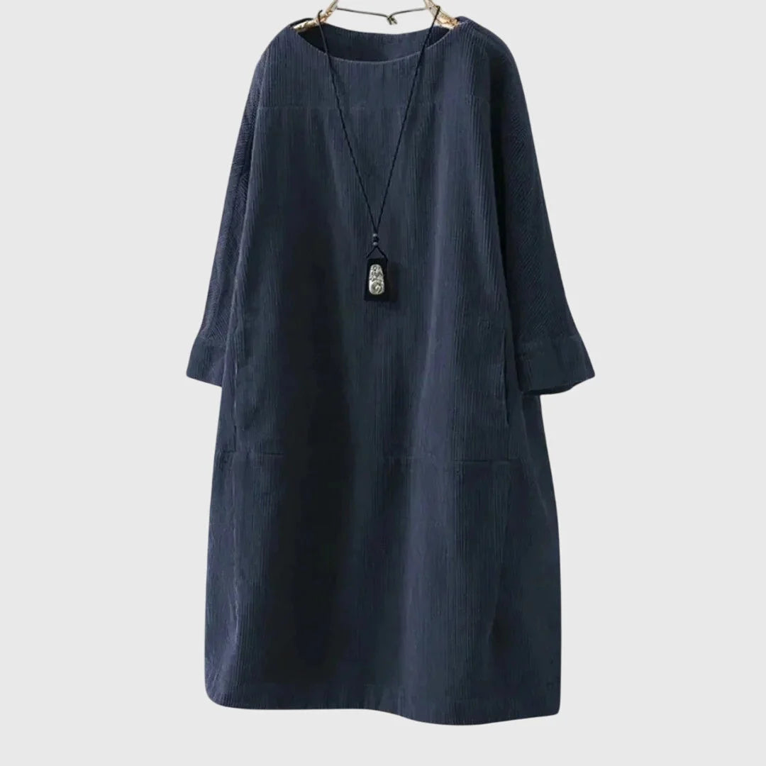 Women's corduroy crew neck winter midi dress with two patch pockets - Dark Blue