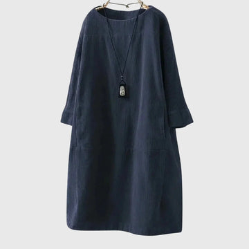 Women's corduroy crew neck winter midi dress with two patch pockets - Dark Blue