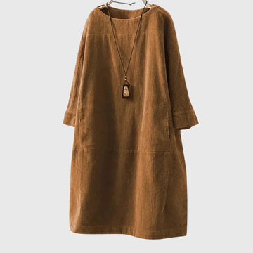 Women's corduroy crew neck winter midi dress with two patch pockets - Dark Blue