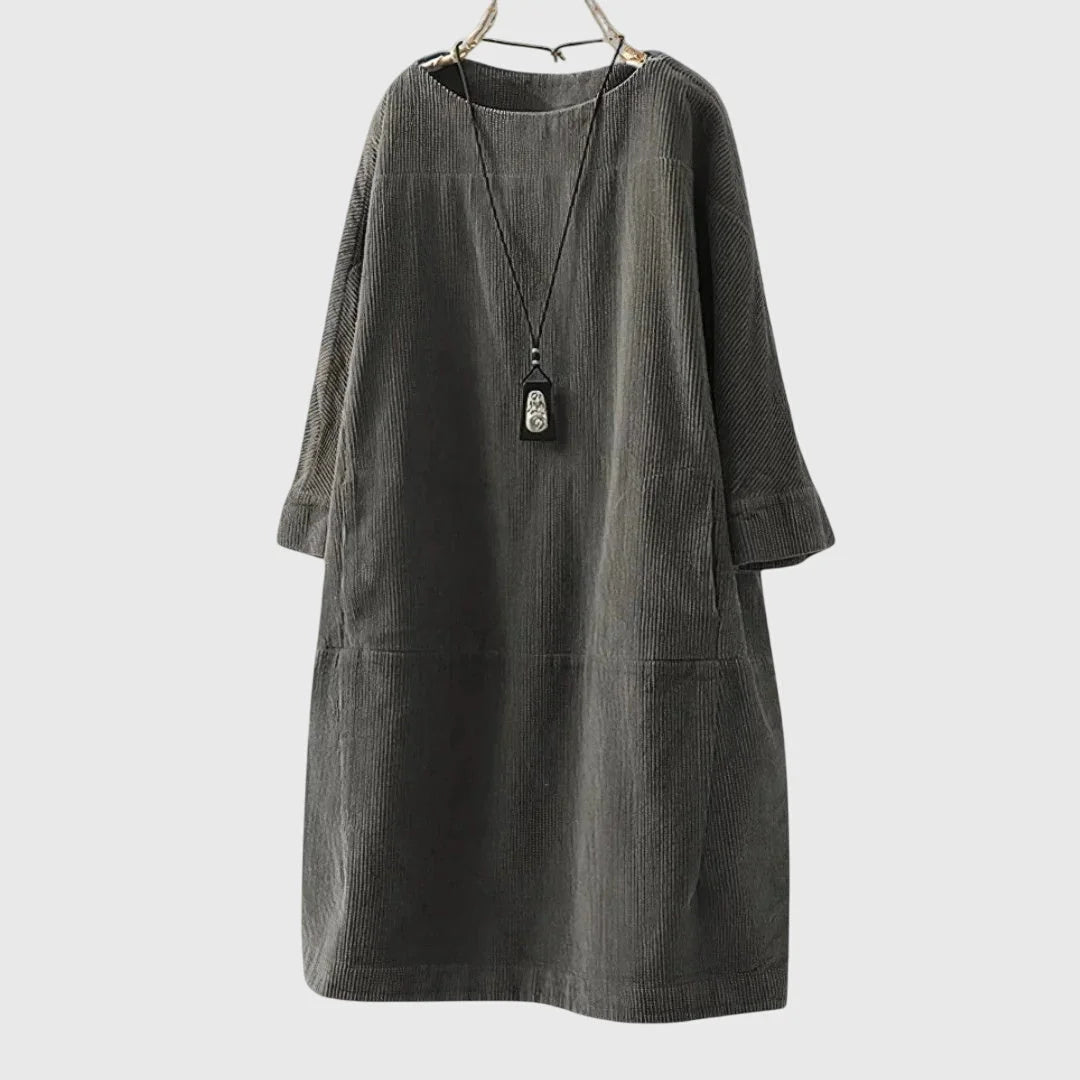 Women's corduroy crew neck winter midi dress with two patch pockets - Dark Blue