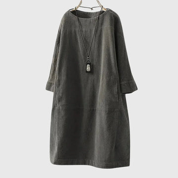 Women's corduroy crew neck winter midi dress with two patch pockets - Dark Blue