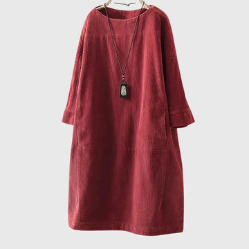 Women's corduroy crew neck winter midi dress with two patch pockets - Dark Blue
