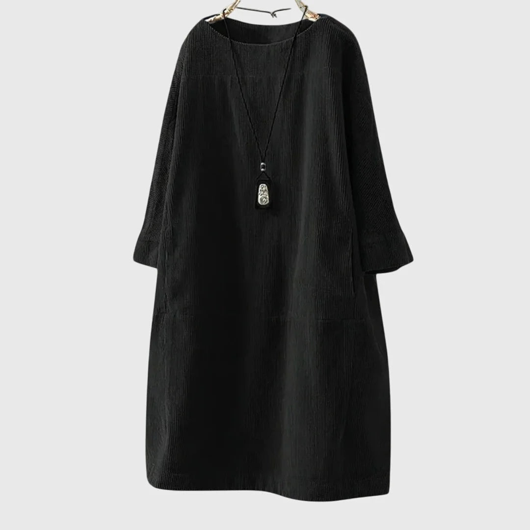Women's corduroy crew neck winter midi dress with two patch pockets - Dark Blue