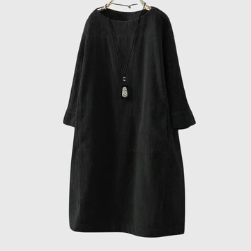 Women's corduroy crew neck winter midi dress with two patch pockets - Dark Blue