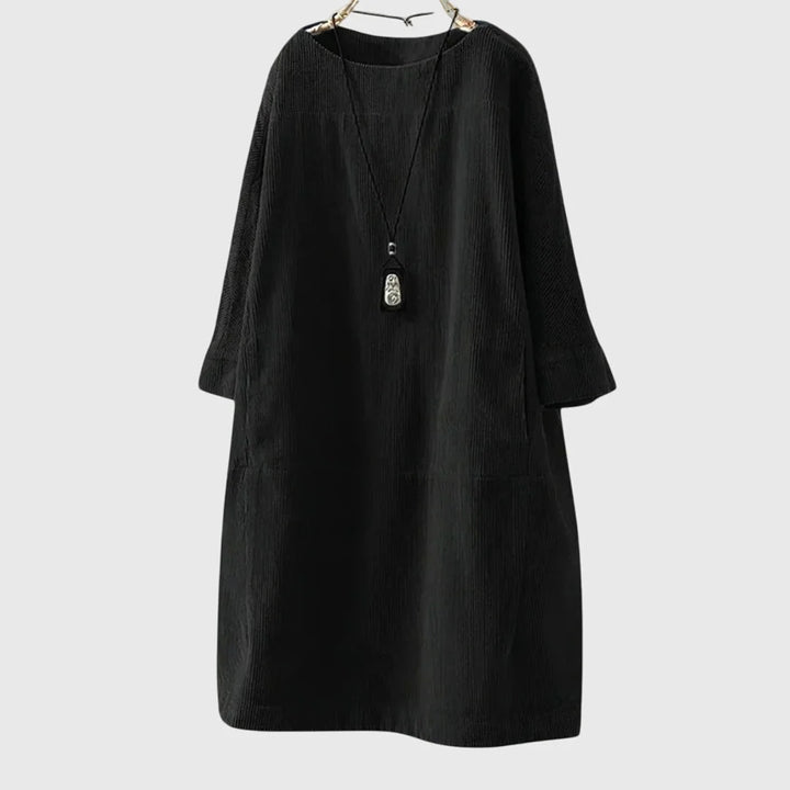 Women's corduroy crew neck winter midi dress with two patch pockets - Dark Blue