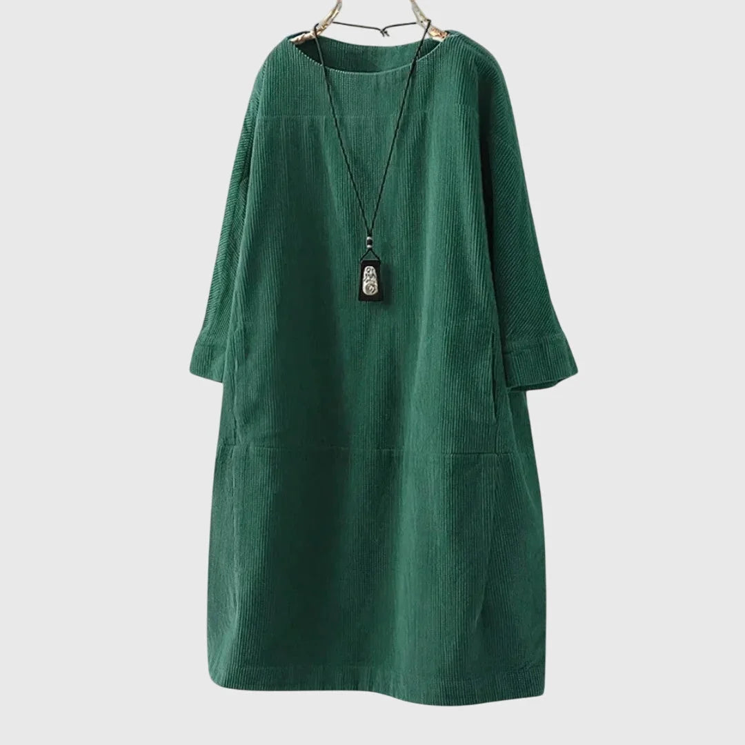 Women's corduroy crew neck winter midi dress with two patch pockets - Dark Blue