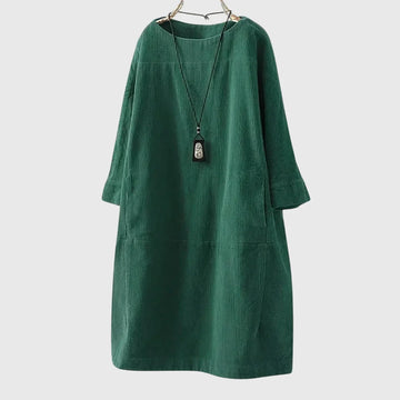 Women's corduroy crew neck winter midi dress with two patch pockets - Dark Blue