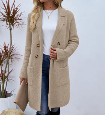 Women's double gold button knit winter long coat in Beige