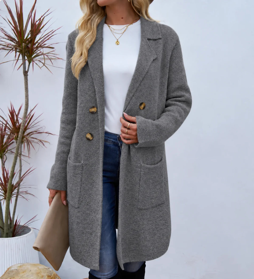 Women's double gold button knit winter long coat in Grey