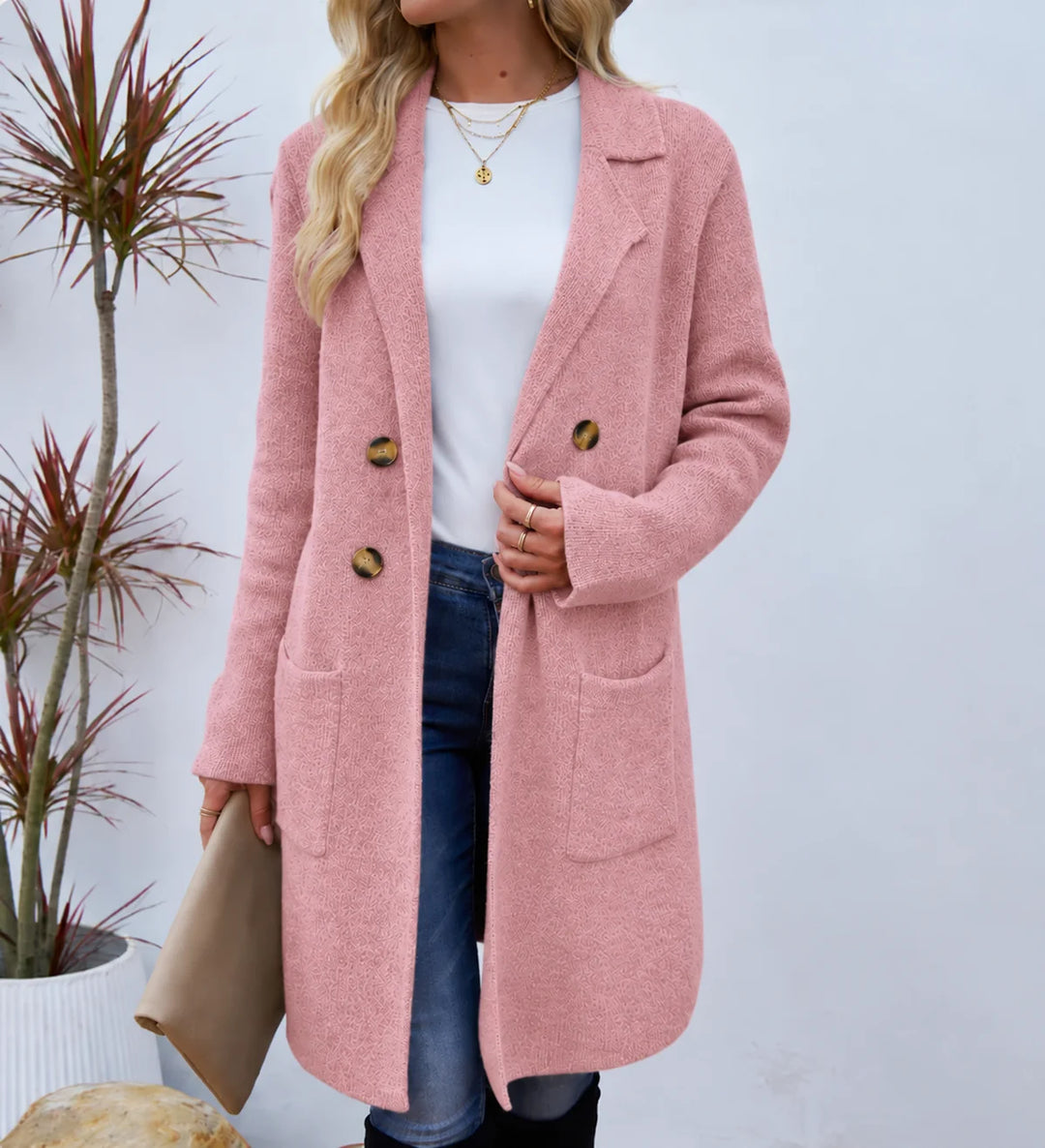 Women's double gold button knit winter long coat in Pink