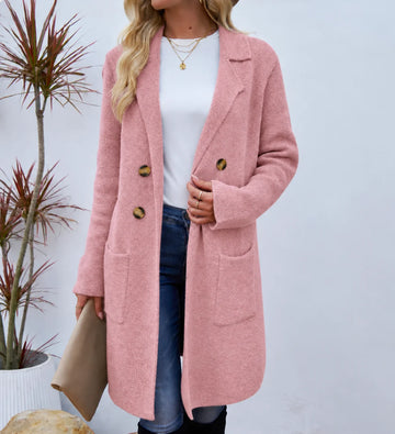 Women's double gold button knit winter long coat in Pink