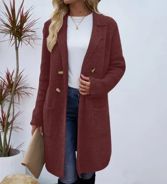 Women's double gold button knit winter long coat in Red
