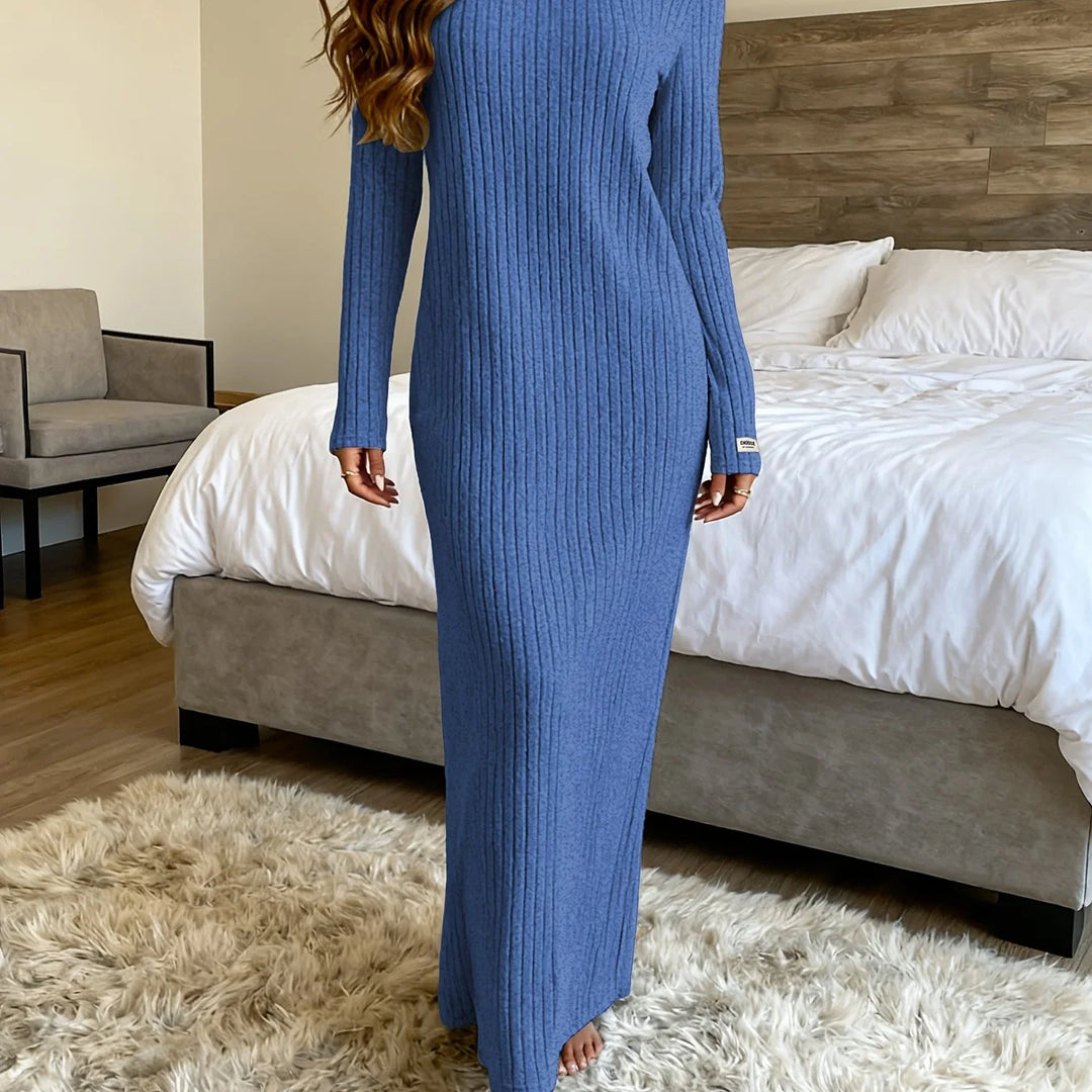 Women's ribbed knit winter maxi sweater dress in Blue
