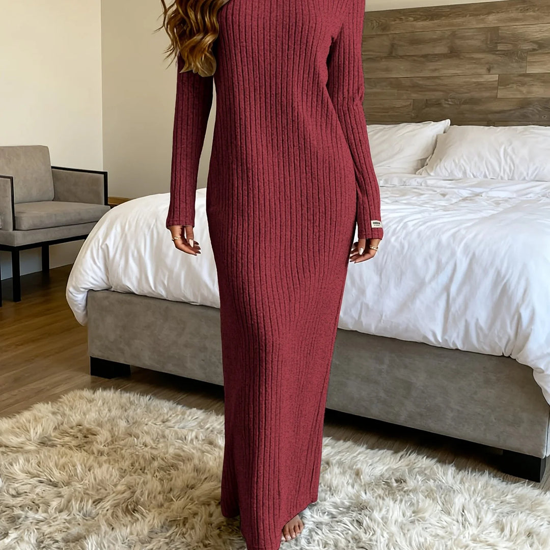 Women's ribbed knit winter maxi sweater dress in Burgundy