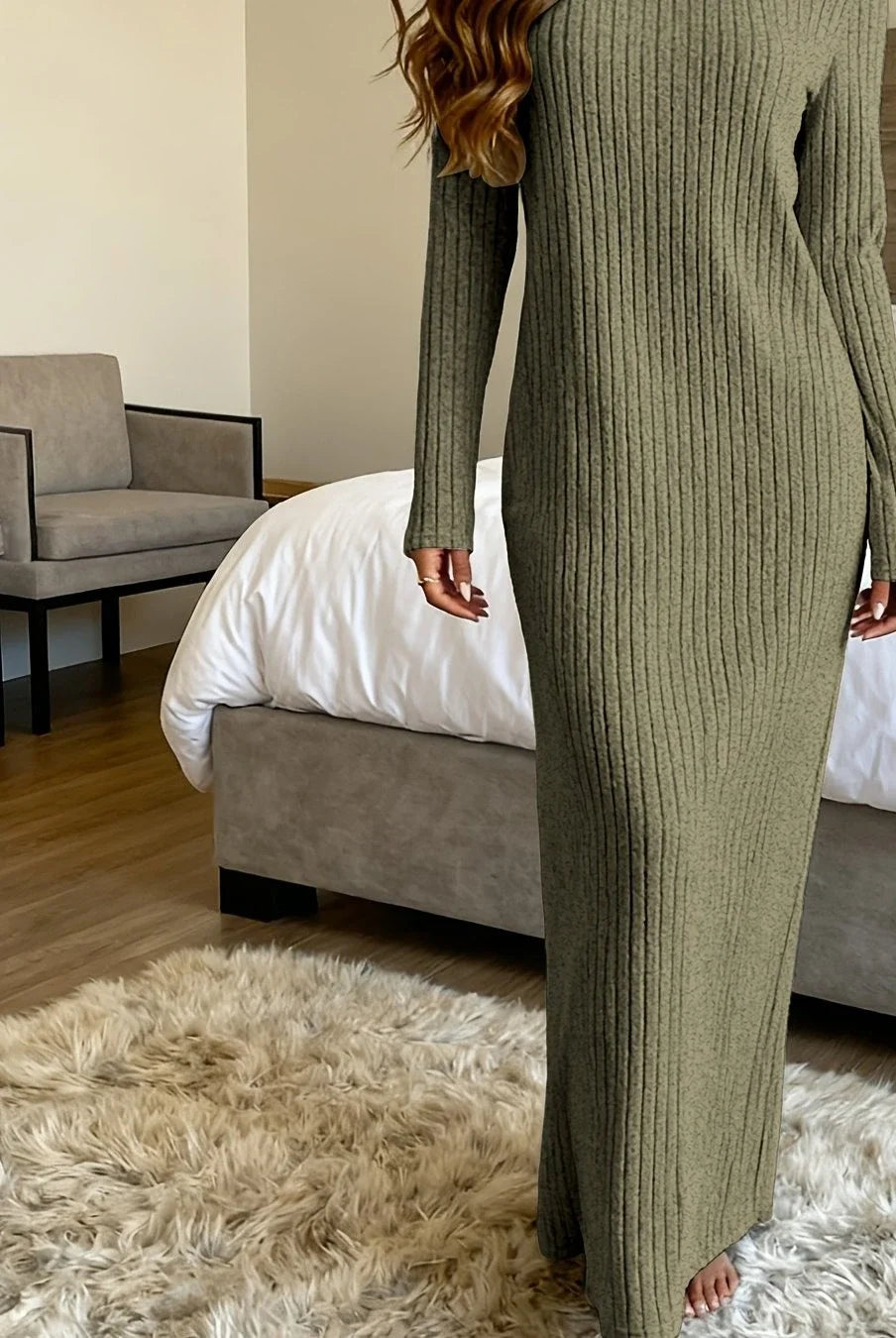 Women's ribbed knit winter maxi sweater dress in Fern Green