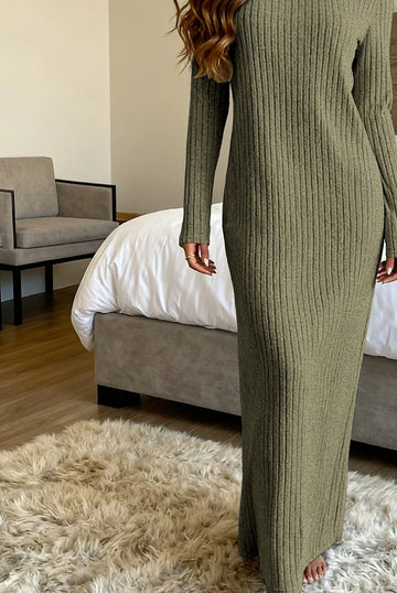 Women's ribbed knit winter maxi sweater dress in Fern Green