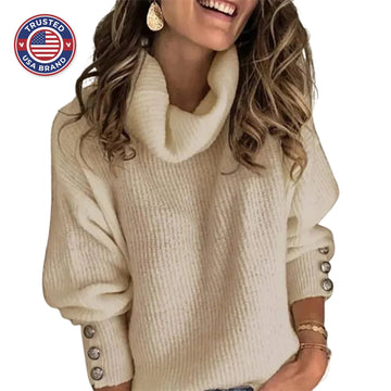 Ribbed knit winter sweater with cowl neck for women