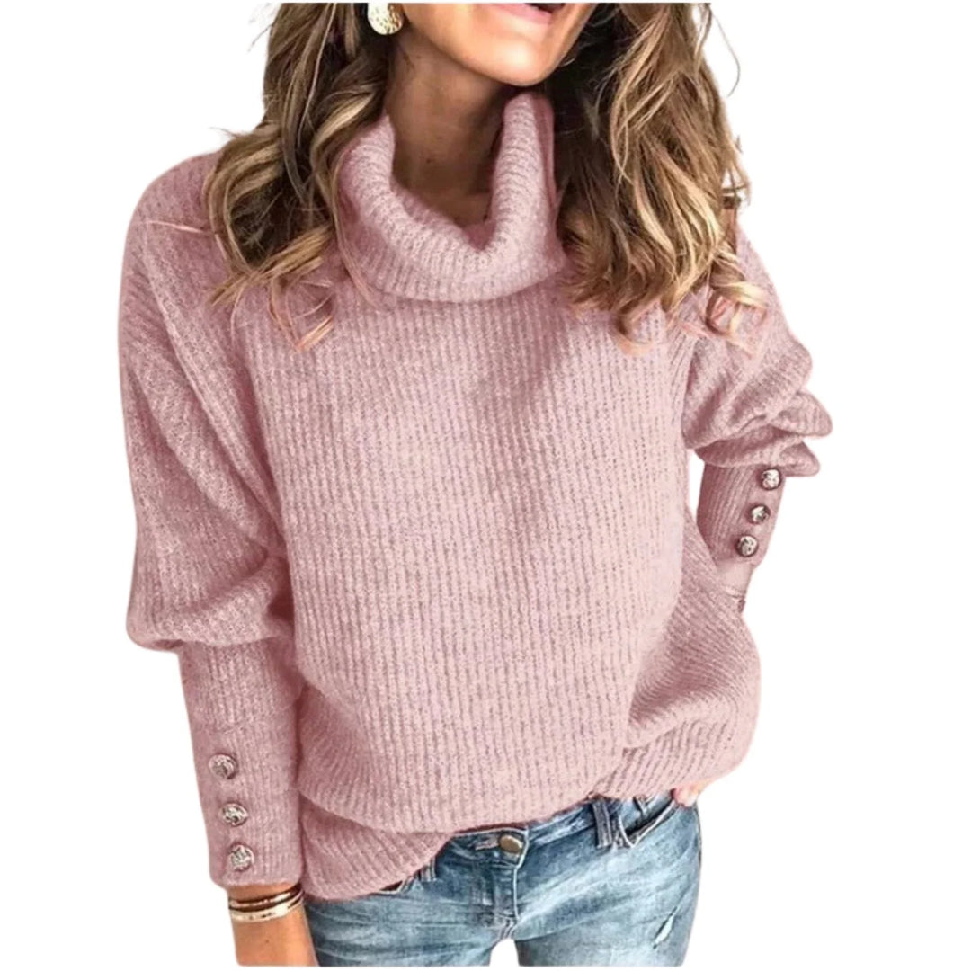 Ribbed knit winter sweater with cowl neck for women in Pink