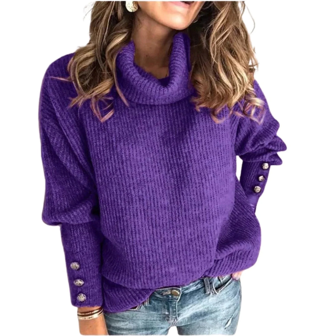 Ribbed knit winter sweater with cowl neck for women in Purple