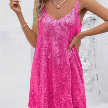 Women's sequin mini slip winter Christmas party dress in Rose Red