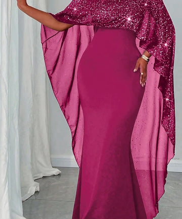 Women's sequined cape maxi winter Christmas party dress in Rose Red