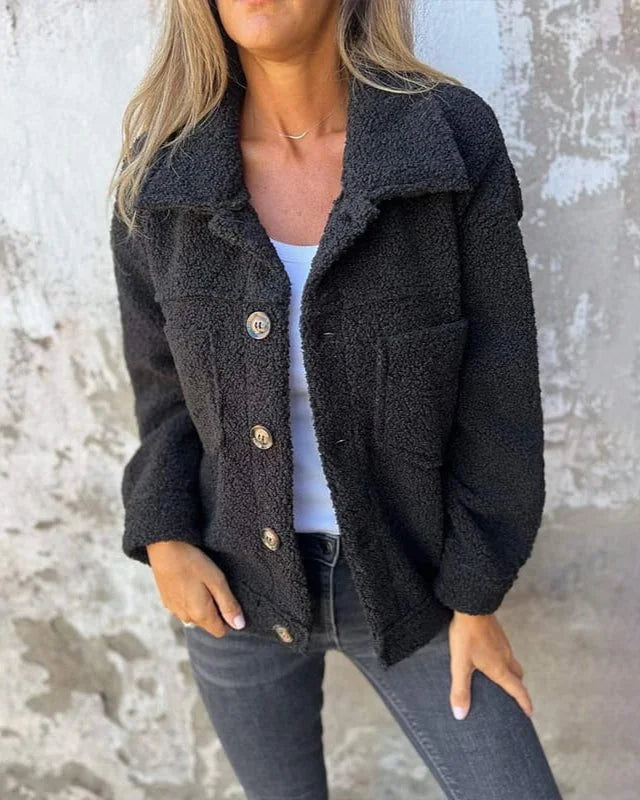 Women's quilted winter puffer jacket, button-down with chest pockets in Black