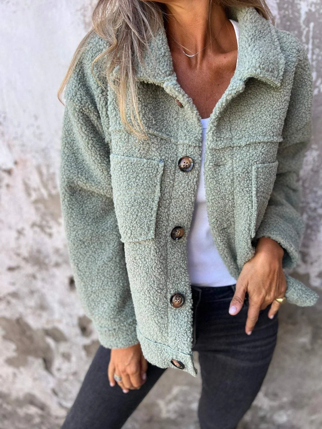 Women's quilted winter puffer jacket, button-down with chest pockets in Green