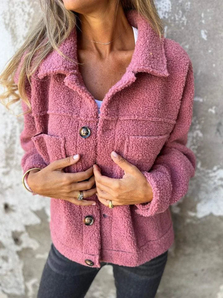 Women's quilted winter puffer jacket, button-down with chest pockets in Pink