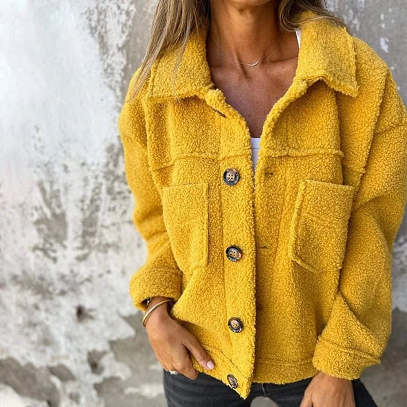 Women's quilted winter puffer jacket, button-down with chest pockets in Yellow