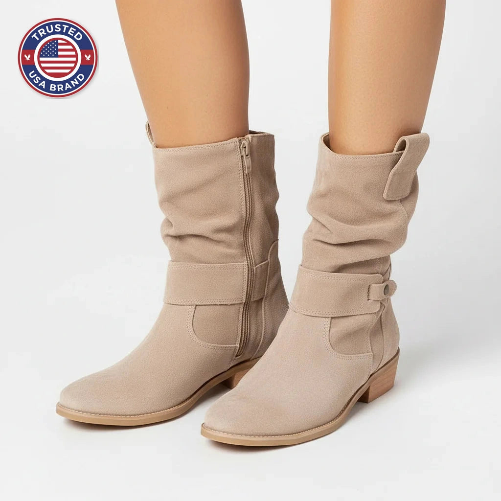 Women's slouchy ankle winter boots with strap block heel
