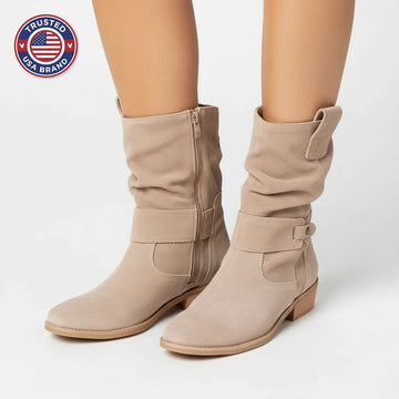 Women's slouchy ankle winter boots with strap block heel