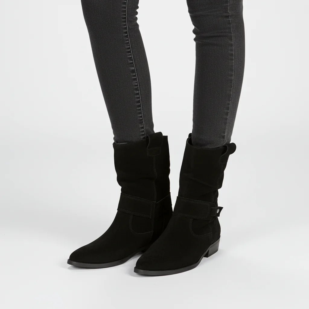 Women's slouchy ankle winter boots with strap block heel in Black