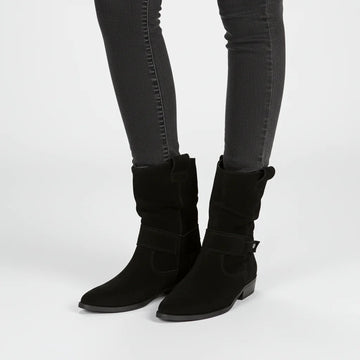 Women's slouchy ankle winter boots with strap block heel in Black