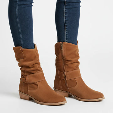 Women's slouchy ankle winter boots with strap block heel in Brown