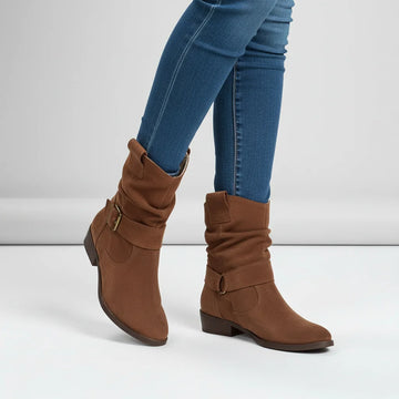 Women's slouchy ankle winter boots with strap block heel in Dark Brown