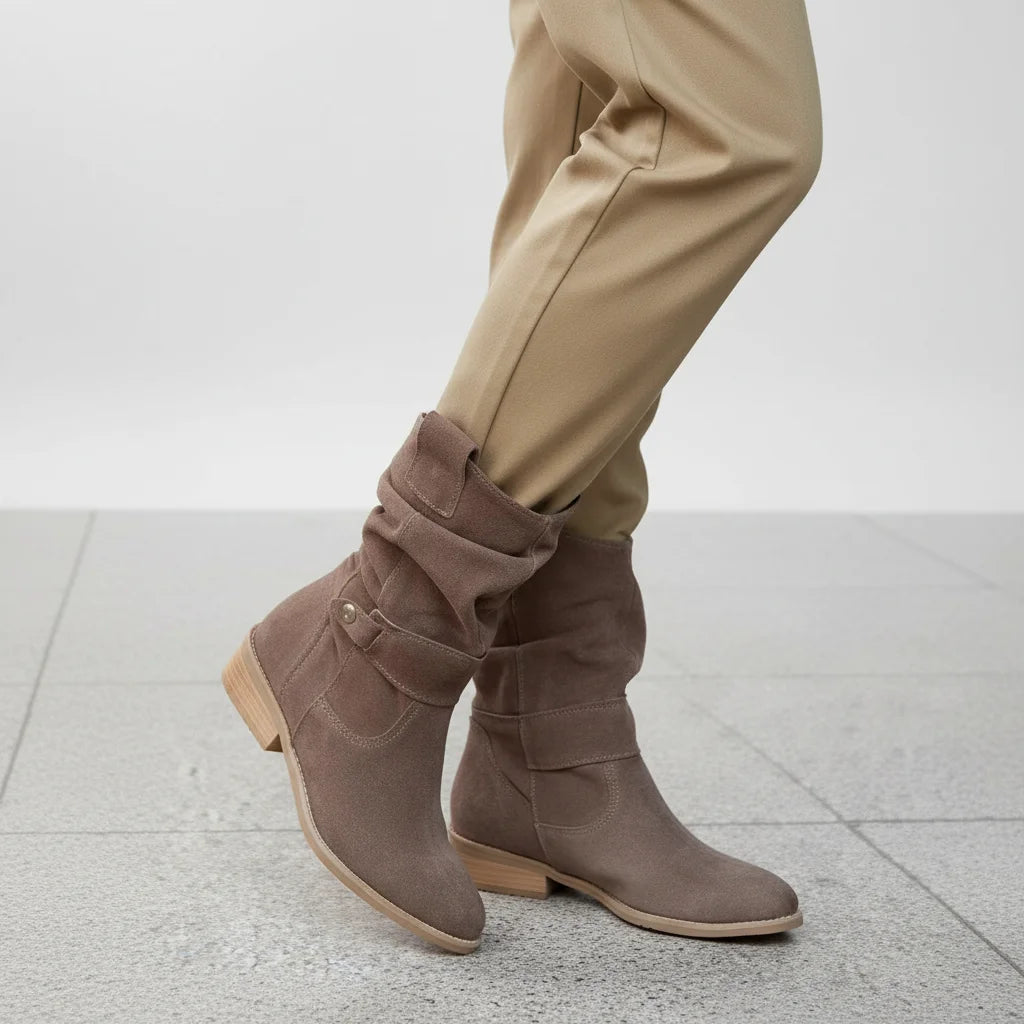 Women's slouchy ankle winter boots with strap block heel in Dark Grey