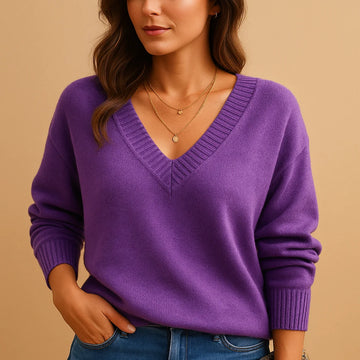 Soft knit winter sweater with ribbed v-neckline and ribbed cuffs in Purple
