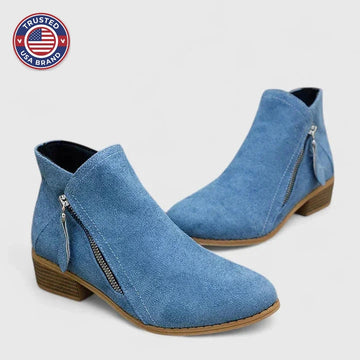 Women's suede side zip ankle winter boots with decorative stitching - Blue