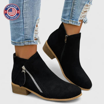 Women's suede side zip ankle winter boots with decorative stitching - Blue