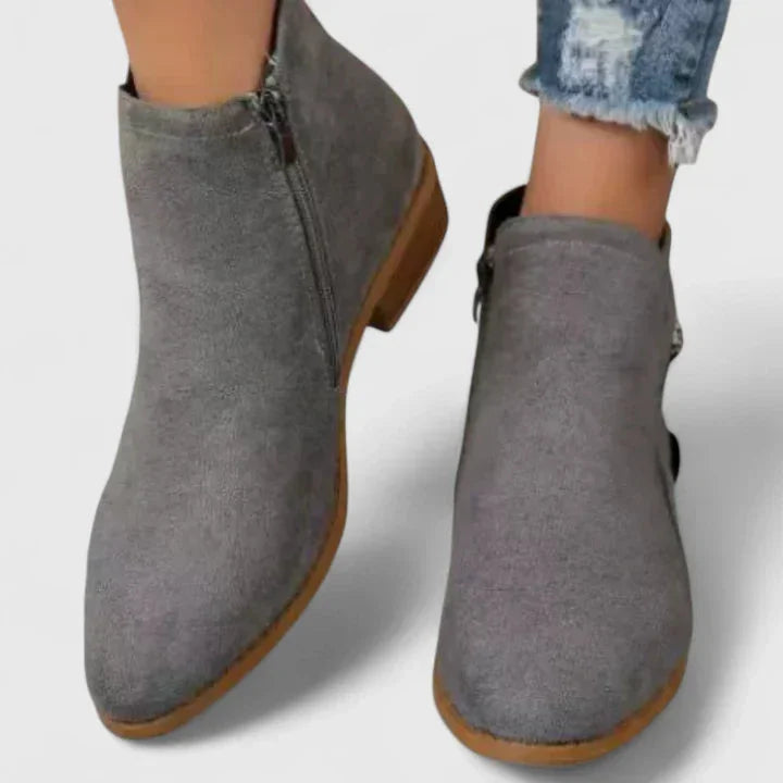 Women's suede side zip ankle winter boots with decorative stitching - Blue