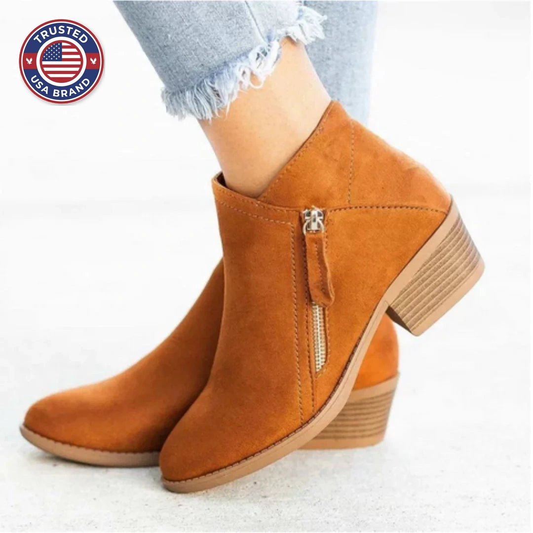 Women's suede side zip ankle winter boots with decorative stitching - Blue