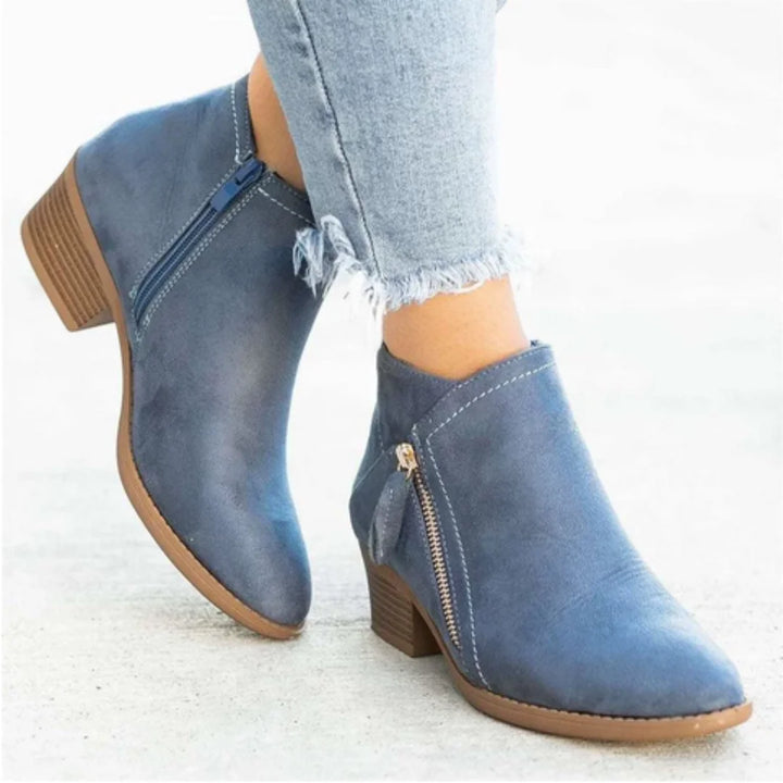 Women's suede side zip ankle winter boots with decorative stitching - Blue