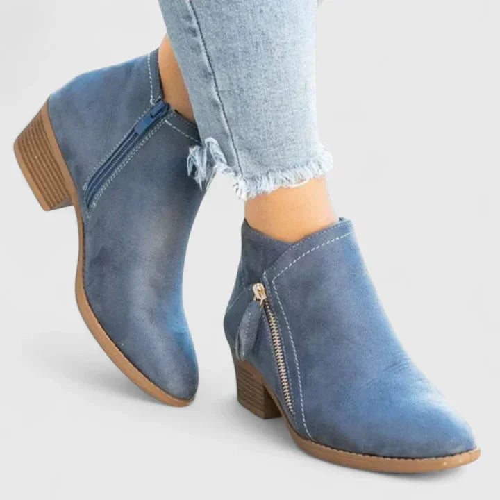 Women's suede side zip ankle winter boots with decorative stitching - Blue