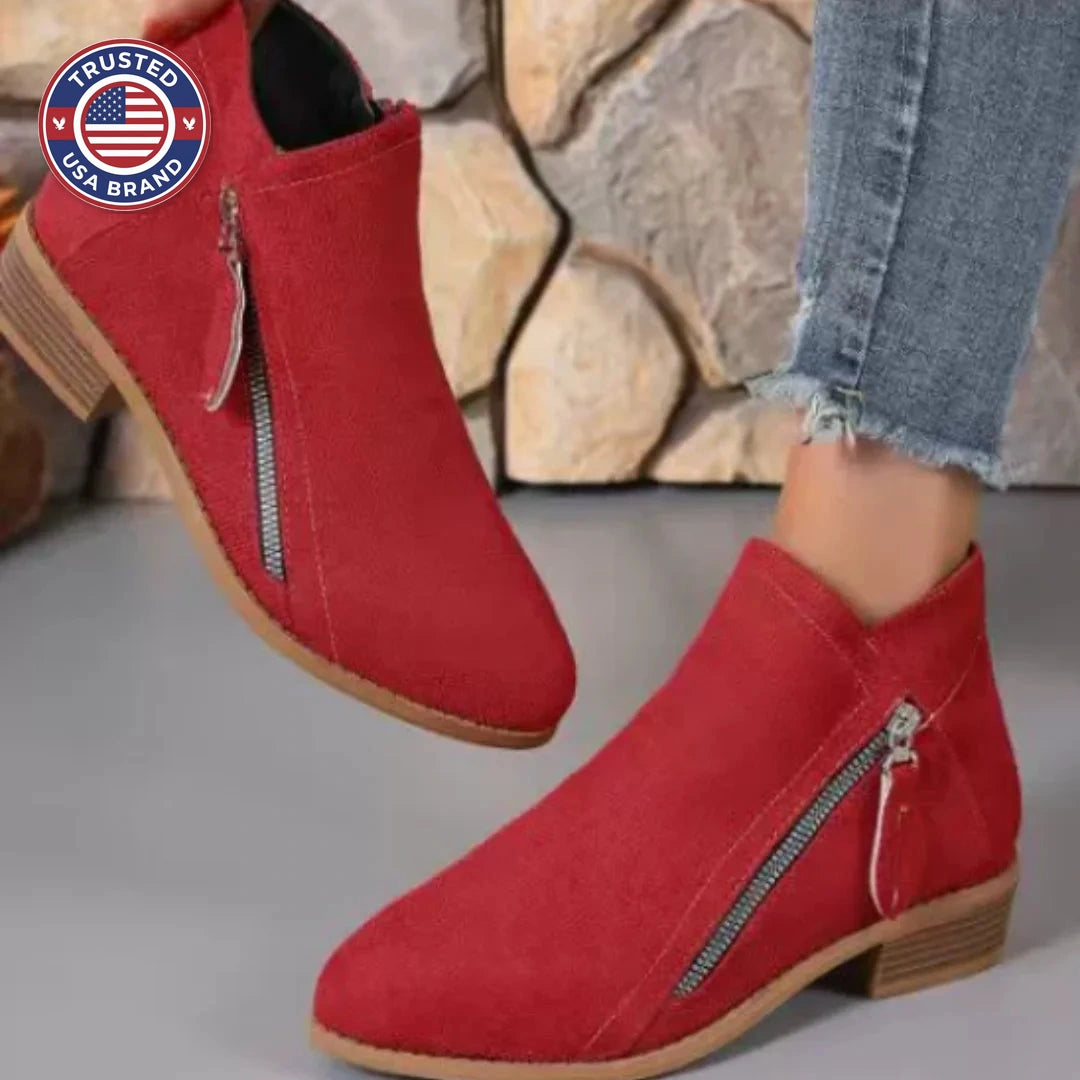 Women's suede side zip ankle winter boots with decorative stitching - Blue