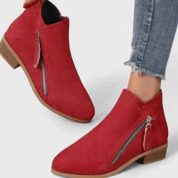 Women's suede side zip ankle winter boots with decorative stitching - Blue