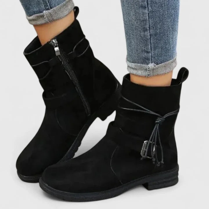 Women's suede side zip ankle winter boots with buckle strap - Green